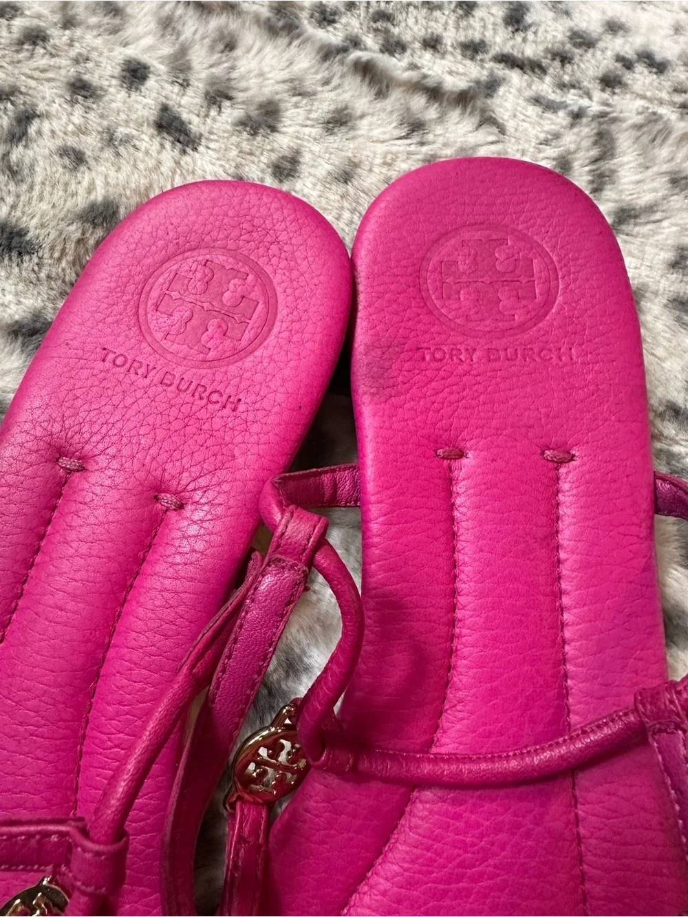Tory Burch Fuchsia Hot Pink Leather T-Strap Mini Sandals with Gold Logo